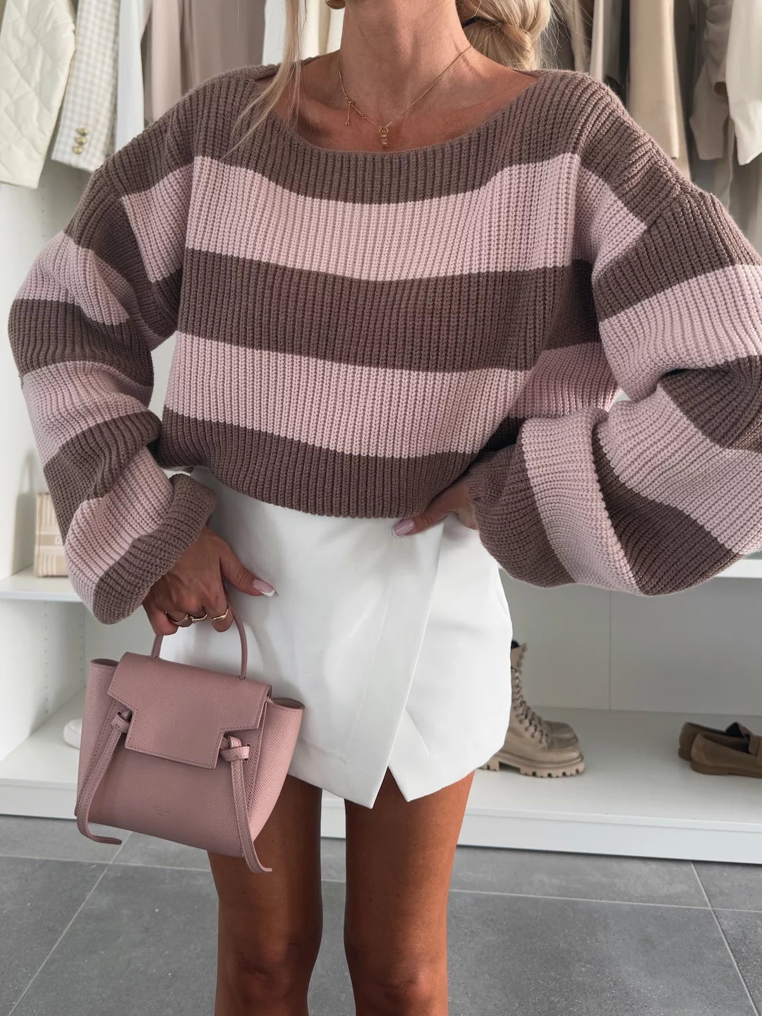 Cozy striped knit sweater with a round neck