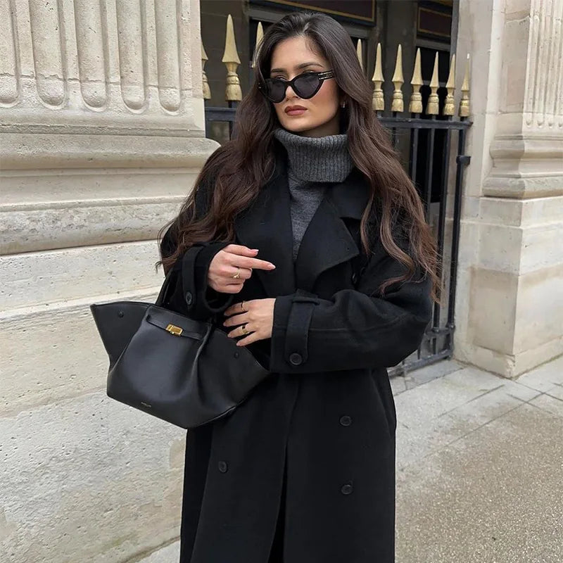 Reversible maxi coat with belt and lapel collar