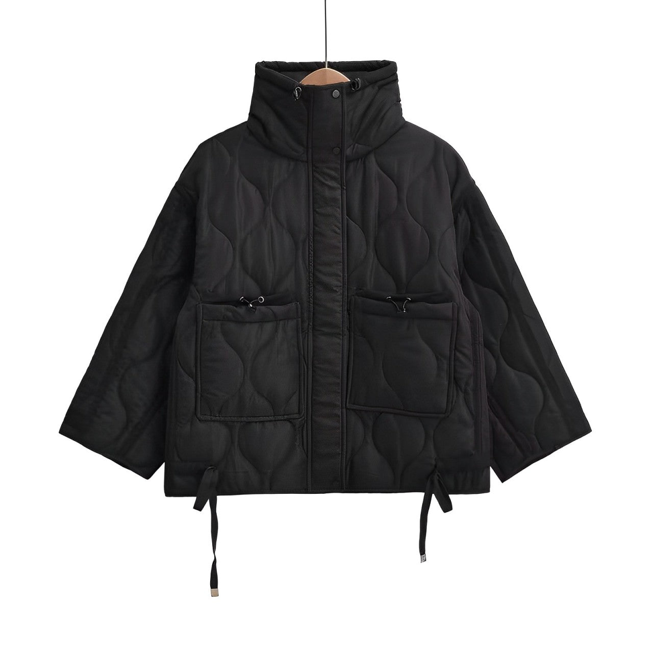 Women's hip-length cotton jacket with stand-up collar and drawstring