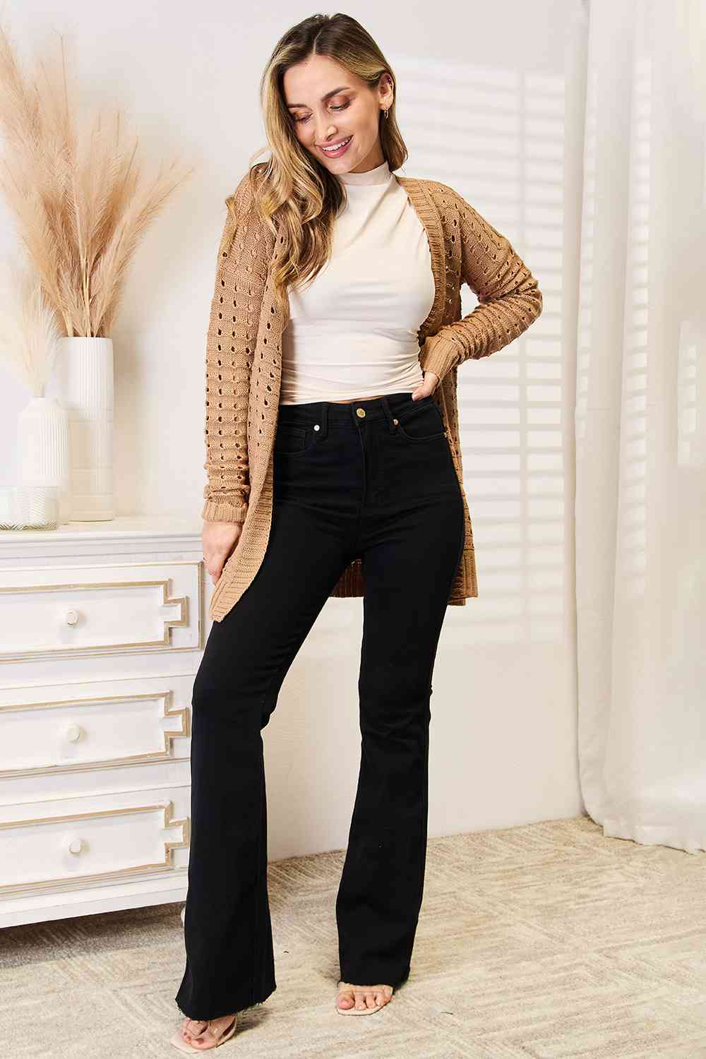 Linda™ - Horizontally ribbed open front cardigan