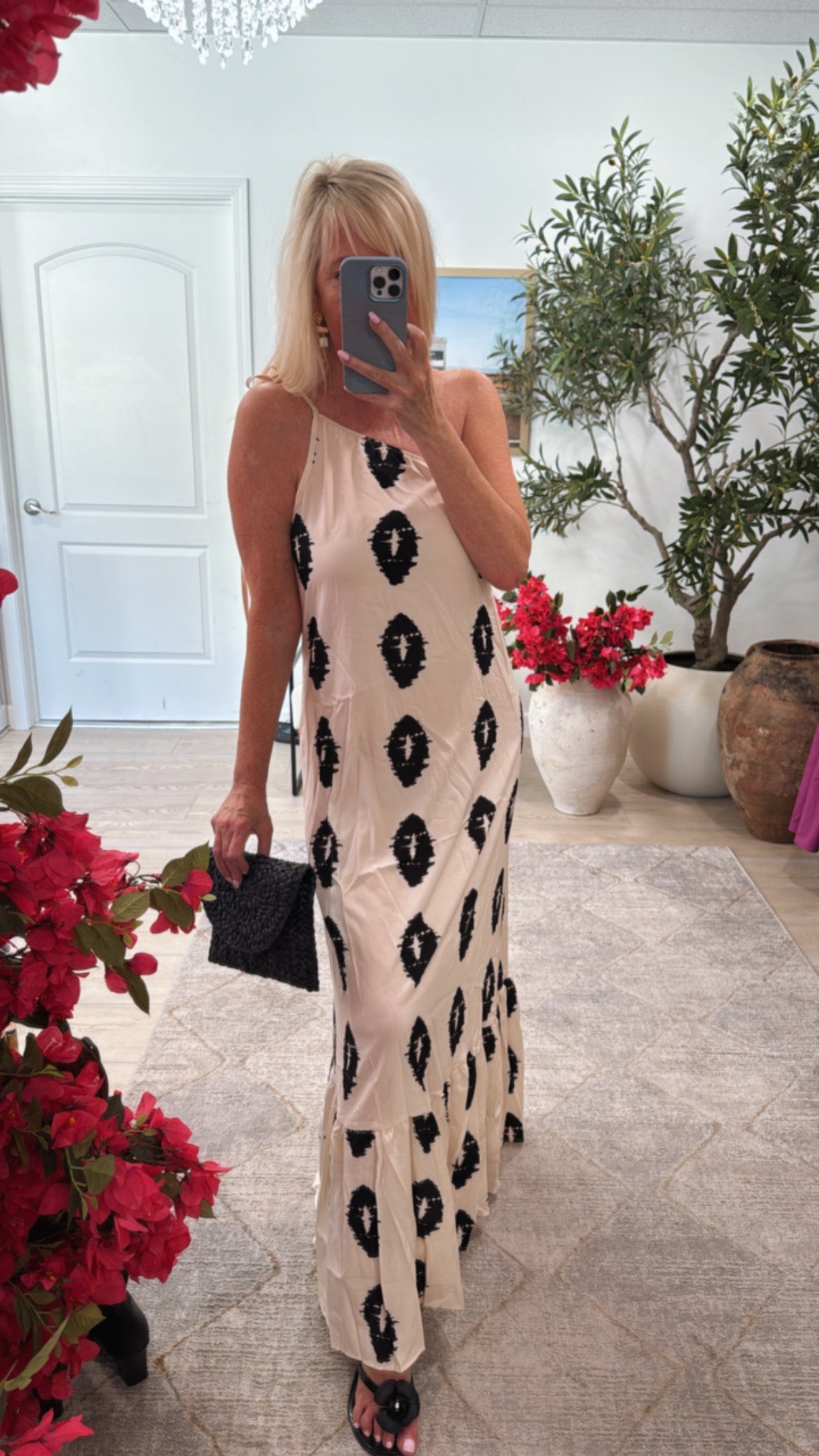 Karen | Printed white maxi dress with one-shoulder straps