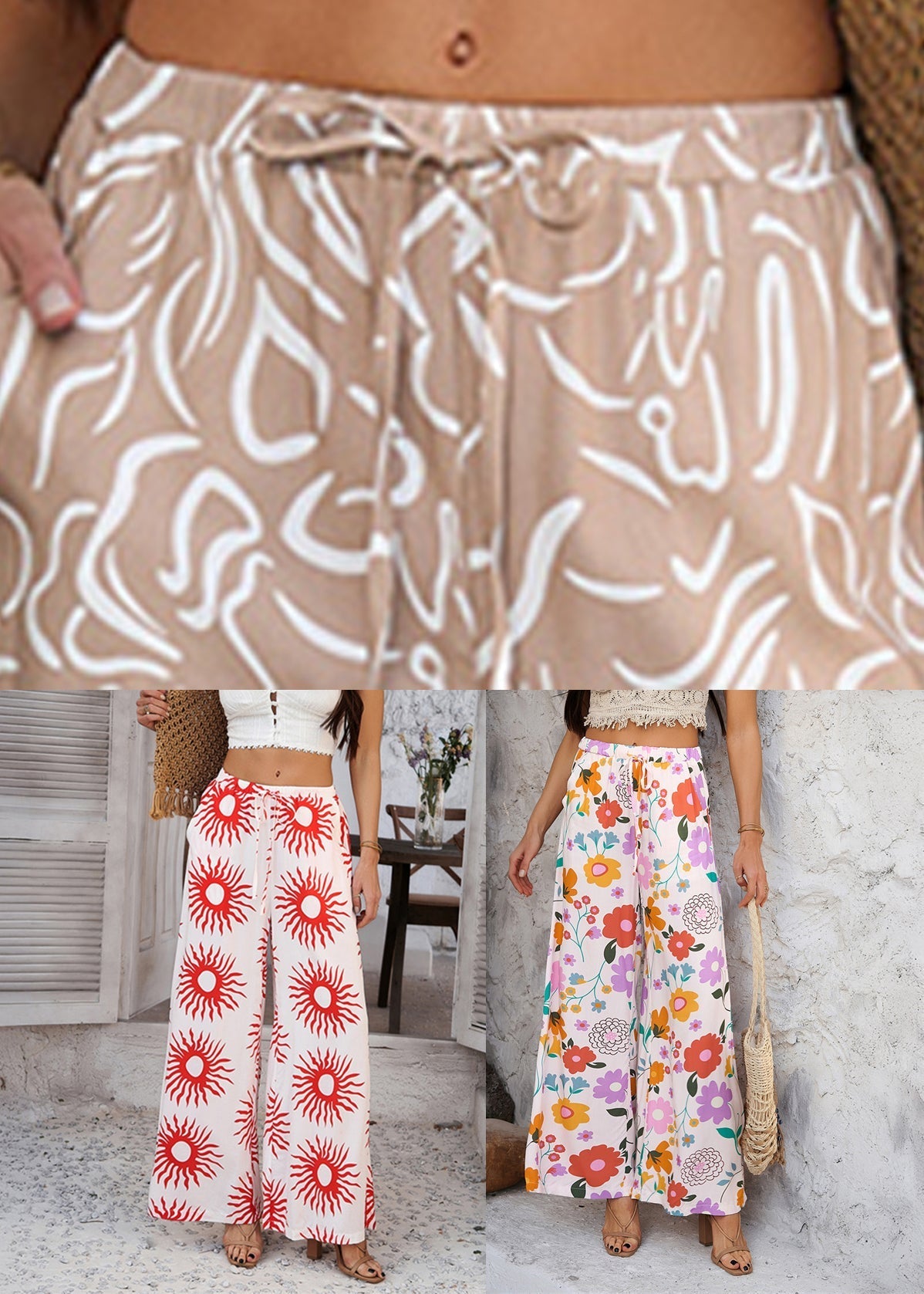 Women's loose-fitting, high-waisted, wide-leg sunflower print trousers