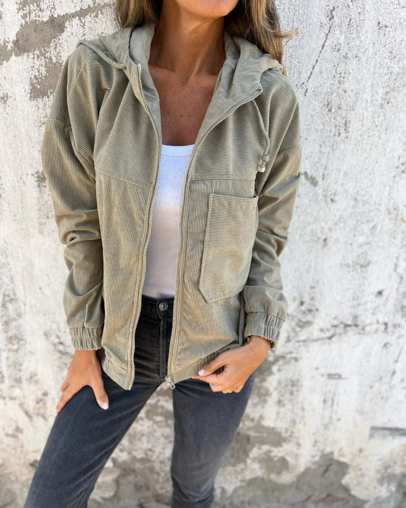 Casual lightweight corduroy jacket with hood for women