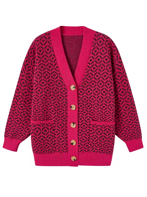Cozy knitted cardigan with geometric pattern and button placket
