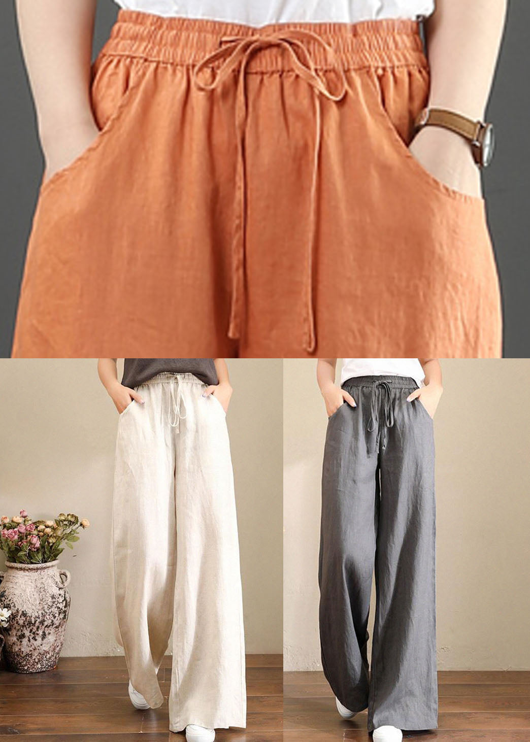Trousers in French grey linen with wide legs, elasticated waistband and pockets