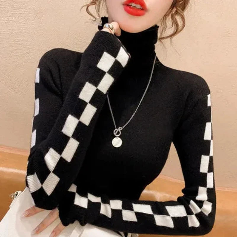 JADE™ - CHECKED TURTLE NECK SWEATER