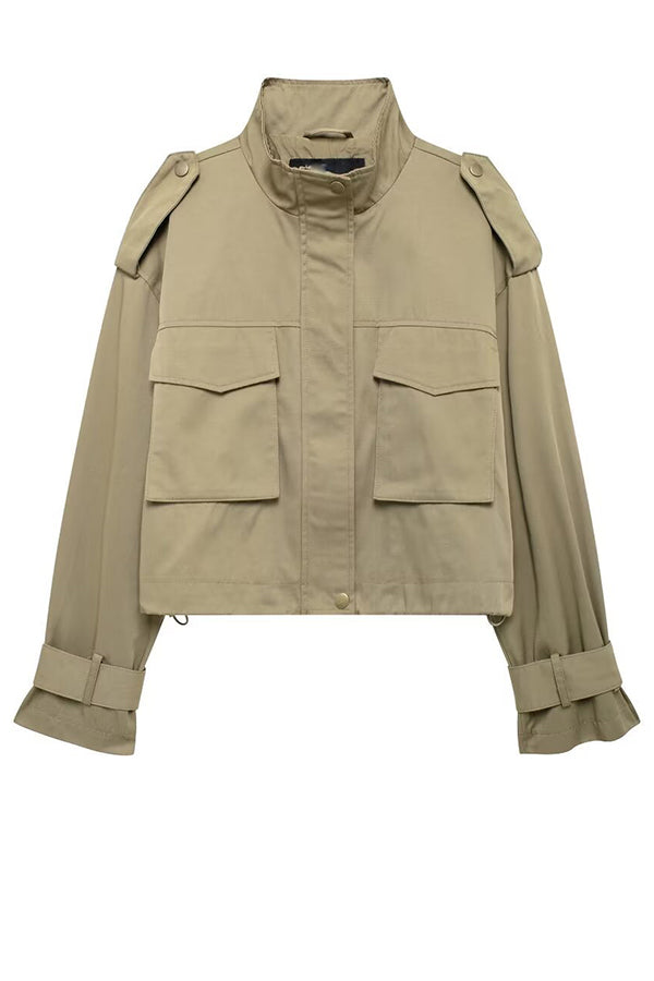 Casual utility cargo jacket with strap and pocket accents
