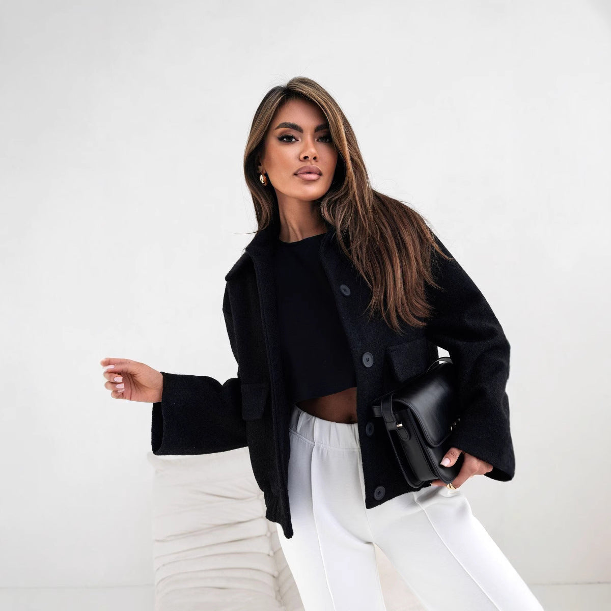 Oversized cropped wool blend jacket with button placket and pockets