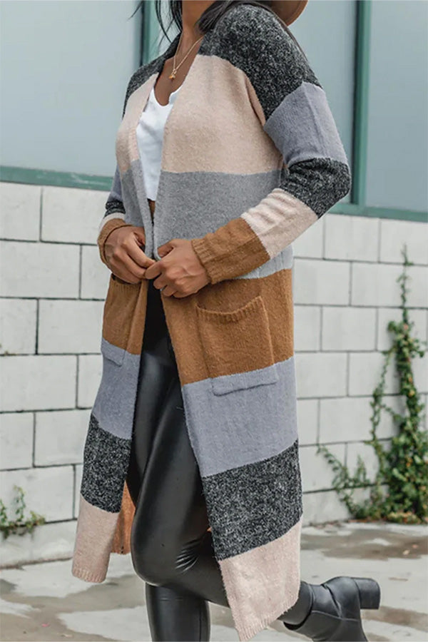 Janice™ - Knitted open front color block cardigan