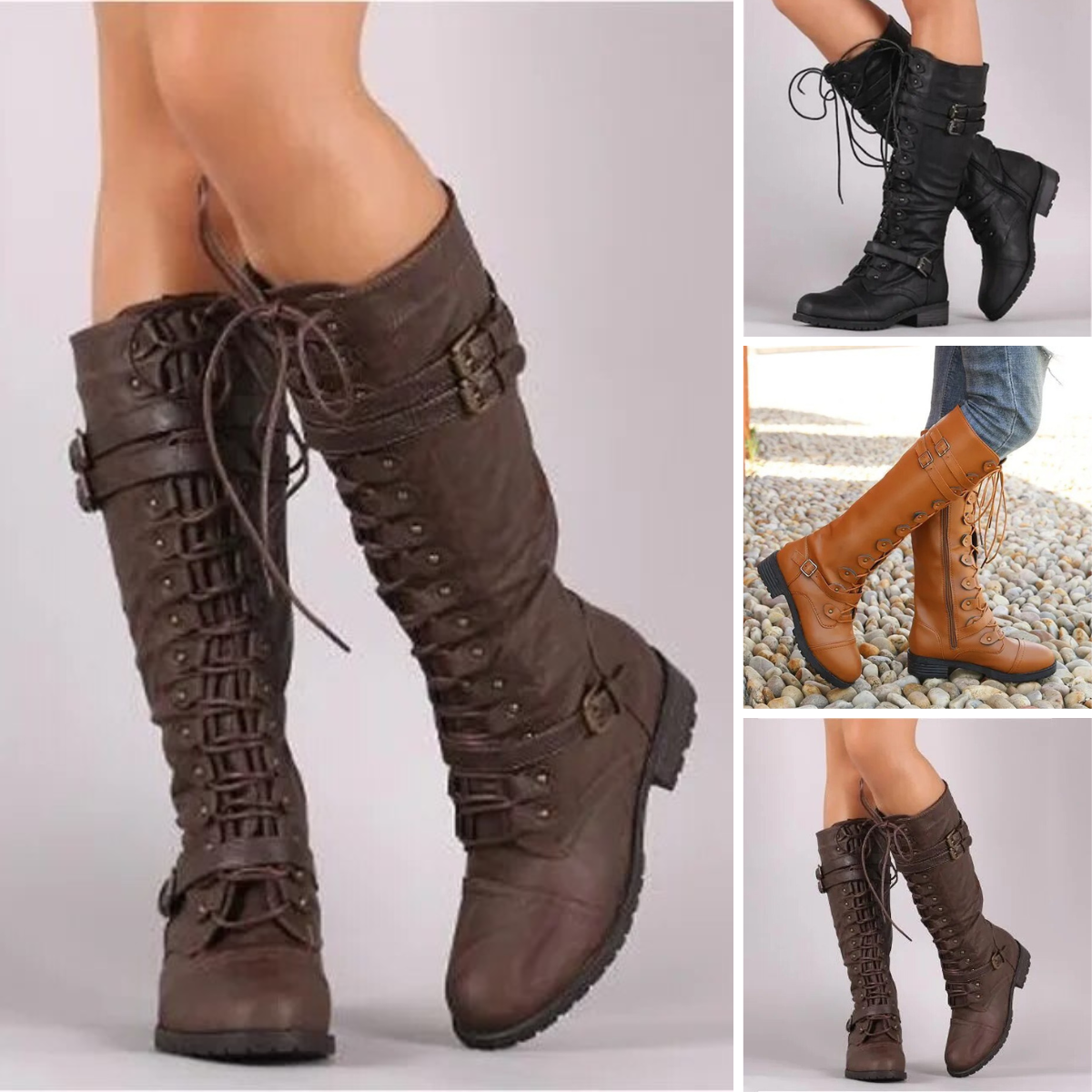 Natalia™ - The new flat sexy steampunk retro buckle lace-up boots