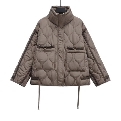 Women's hip-length cotton jacket with stand-up collar and drawstring 