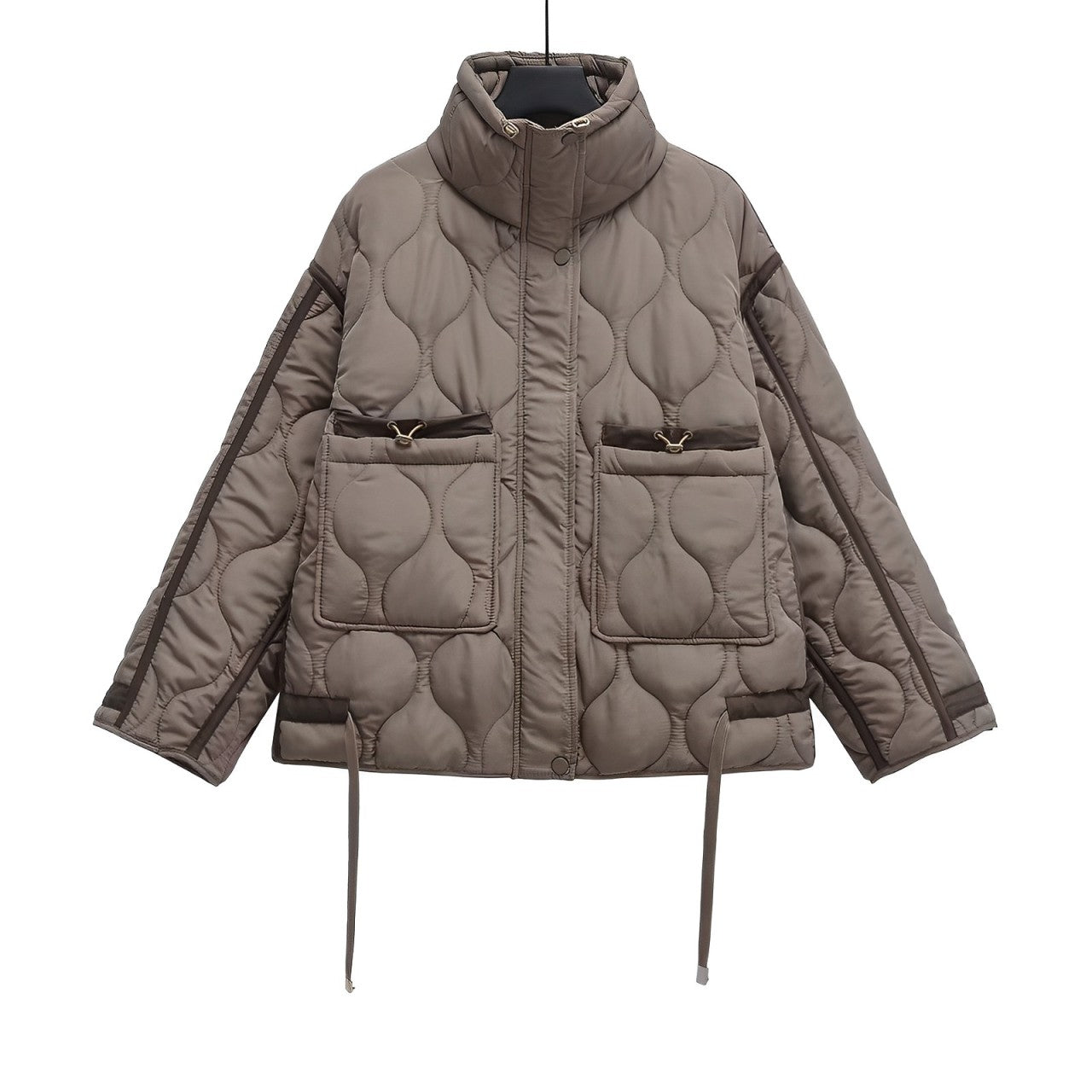 Women's hip-length cotton jacket with stand-up collar and drawstring 