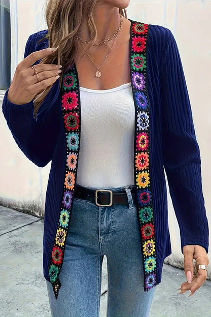 Boho knit cardigan with floral trim and long sleeves 