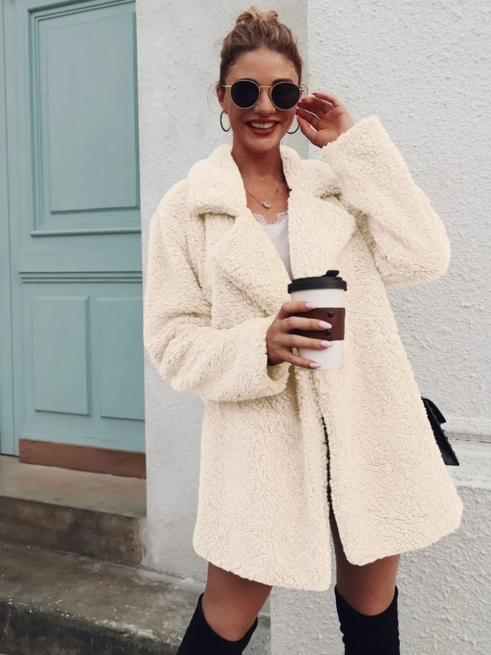 Cozy teddy plush short coat with lapel collar for women 