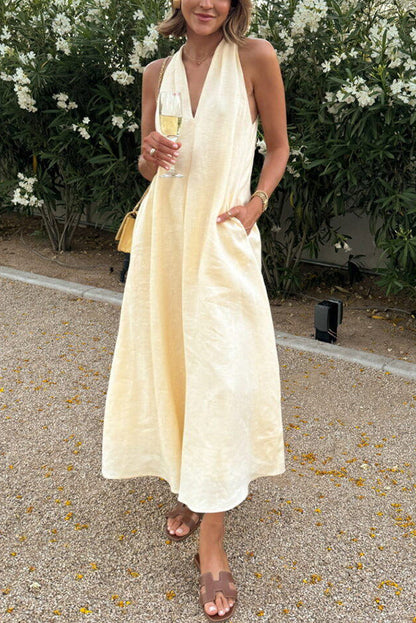 Karen | A-line midi dress with back twist in linen blend fabric