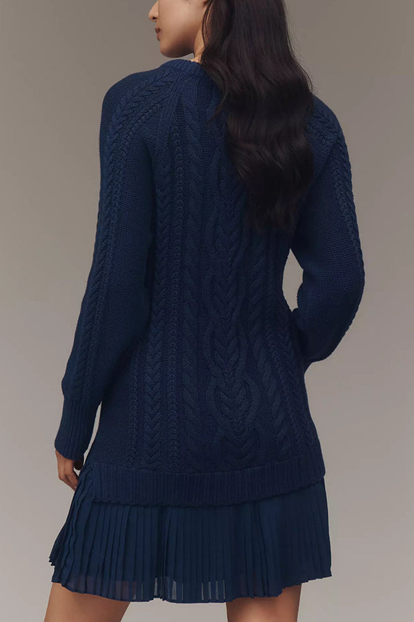 Knit dress with cable pattern and pleated chiffon hem 