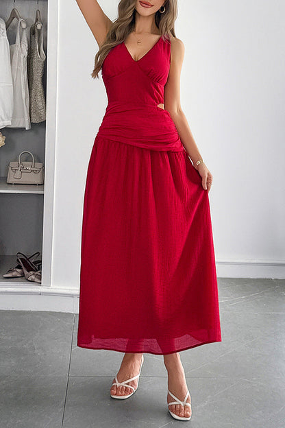 Sleeveless women's maxi dress with V-neck and hollow waist design 