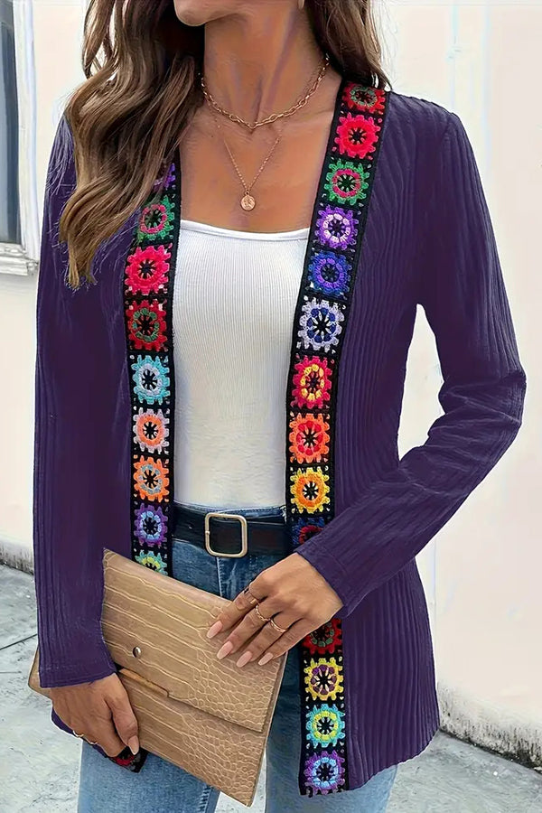 Boho knit cardigan with floral trim and long sleeves 