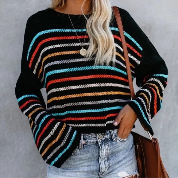 Cozy striped V-neck knit sweater for casual-chic looks. 