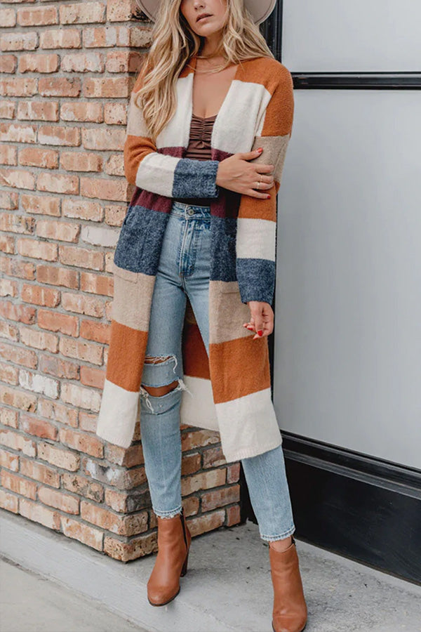 Janice™ - Knitted open front color block cardigan