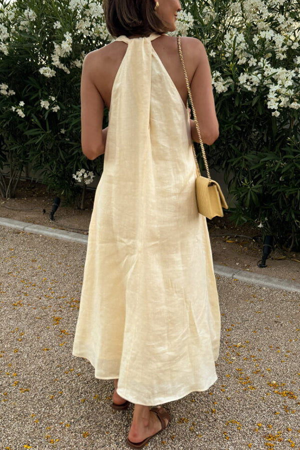 Karen | A-line midi dress with back twist in linen blend fabric