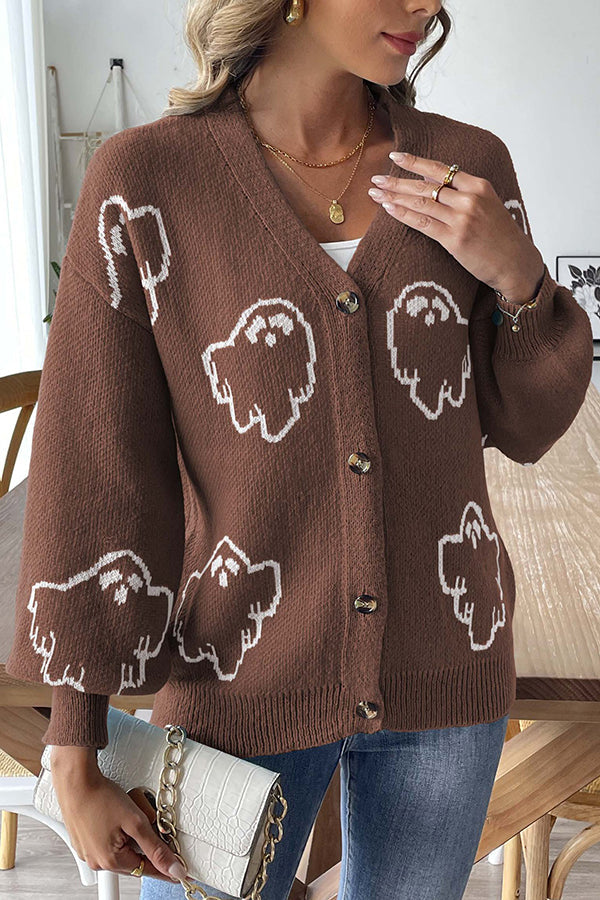Cozy Halloween ghost knit sweater with buttons 
