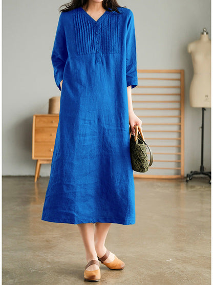 V-neck, short sleeves, gathered cotton, loose dress 