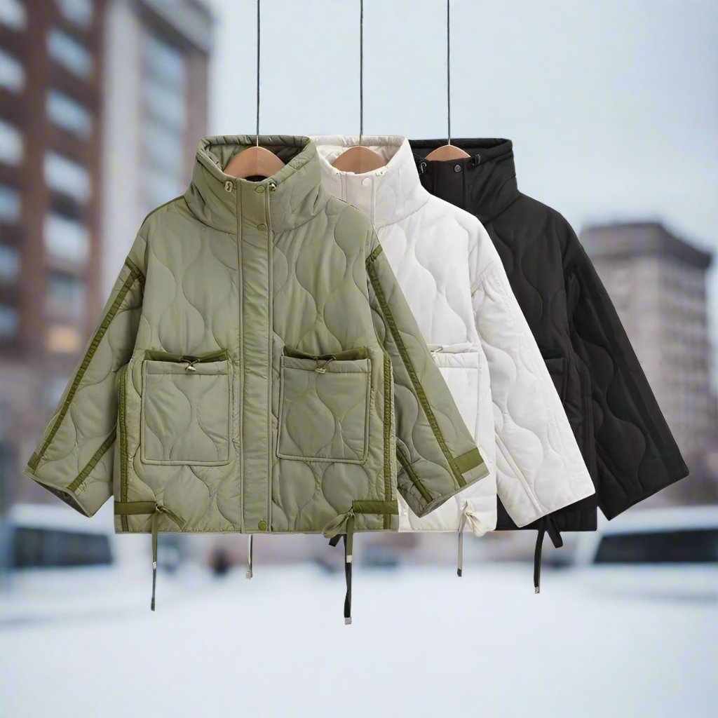 Women's hip-length cotton jacket with stand-up collar and drawstring 