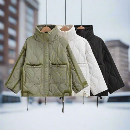 Women's hip-length cotton jacket with stand-up collar and drawstring 