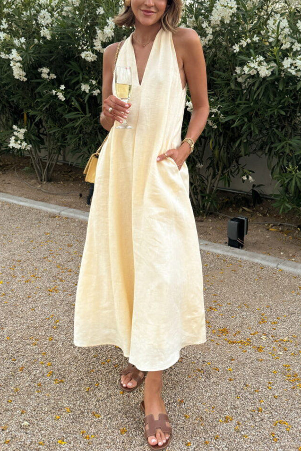 Karen | A-line midi dress with back twist in linen blend fabric