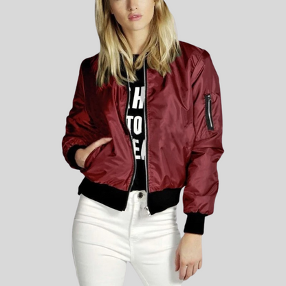 Stylish women's bomber jacket with round neckline 