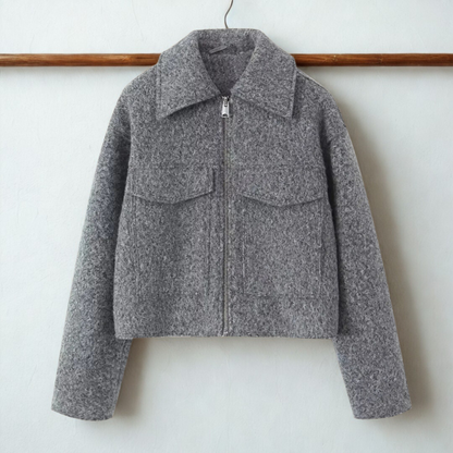 Boxy fit women's short jacket with pointed collar and front zipper 