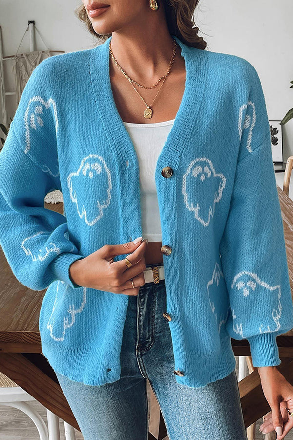 Cozy Halloween ghost knit sweater with buttons 