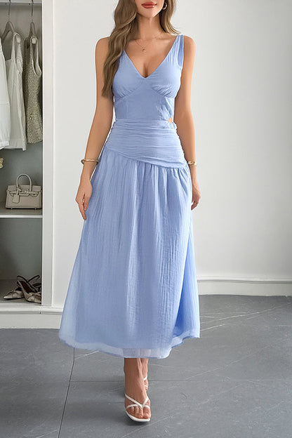 Sleeveless women's maxi dress with V-neck and hollow waist design 