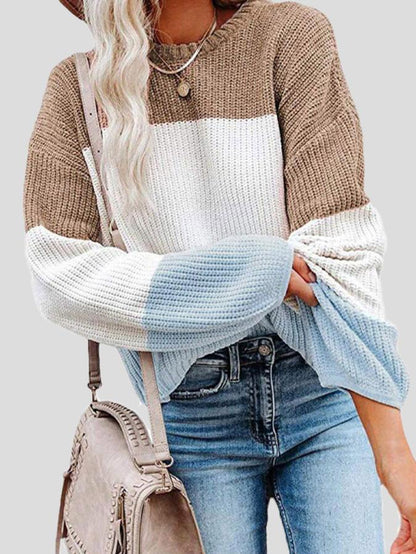 Cozy color-blocked knit sweater for a casual autumn style 