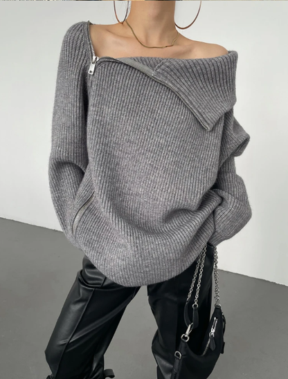 Karen™ - Red, simple sweater with stand-up collar