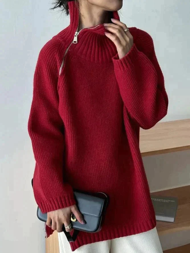 Karen™ - Red, simple sweater with stand-up collar