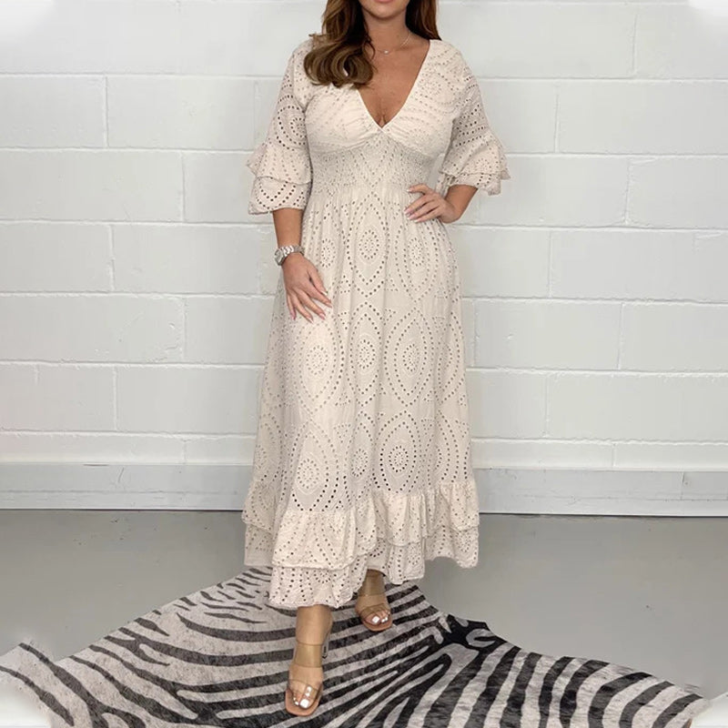 Angela™ - Midi dress with embroidered Anglaise ruffles on the sleeves