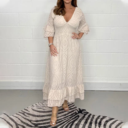 Angela™ - Midi dress with embroidered Anglaise ruffles on the sleeves