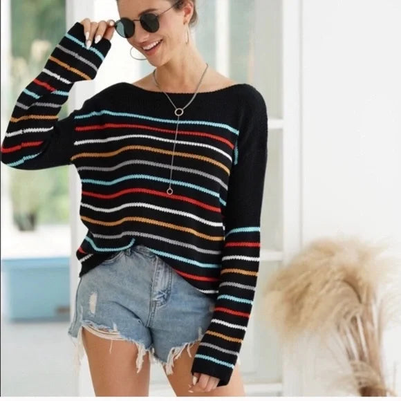 Cozy striped V-neck knit sweater for casual-chic looks. 