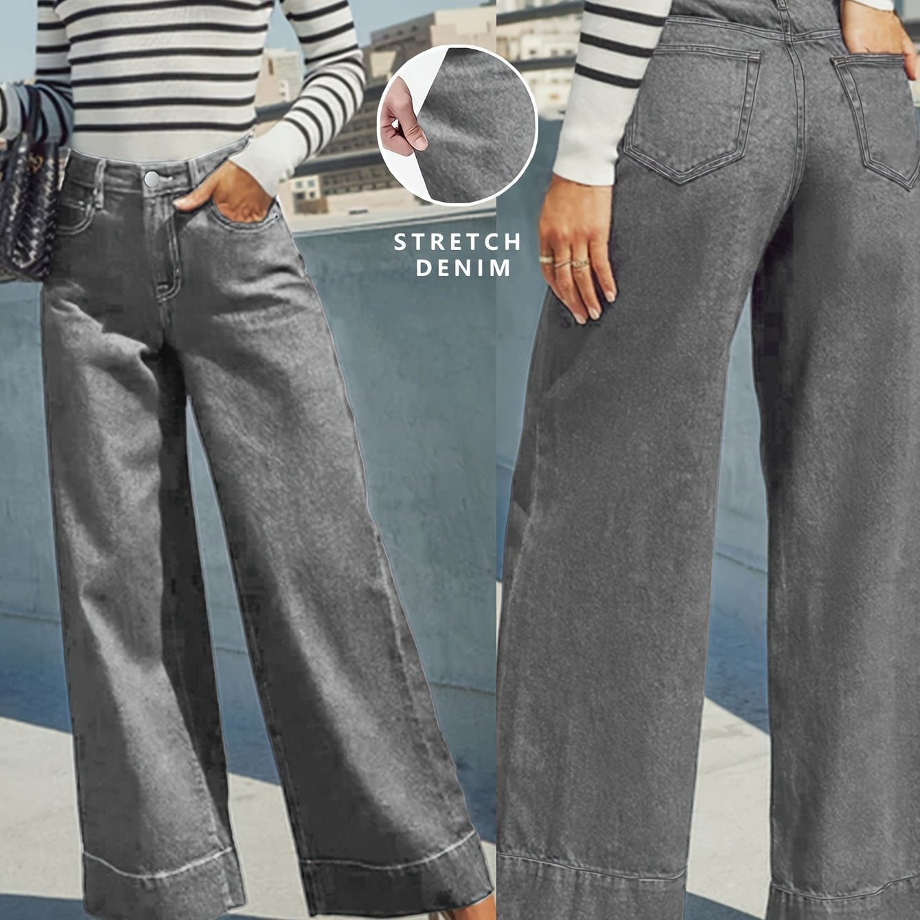 Jeans with a high waist, wide leg and stretchy denim fabric with a turn-up hem. 