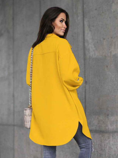 Cozy long shirt jacket with buttons, wool collar and lapels 