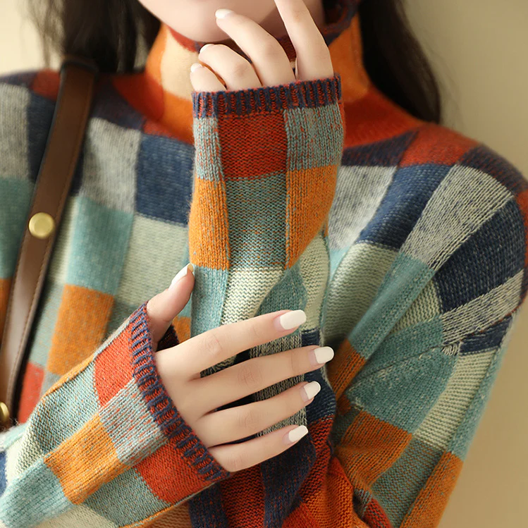 Cozy color-block plaid sweater for everyday style 