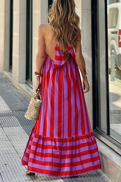 Karen | A-line maxi dress in a linen blend with a striped halter neckline