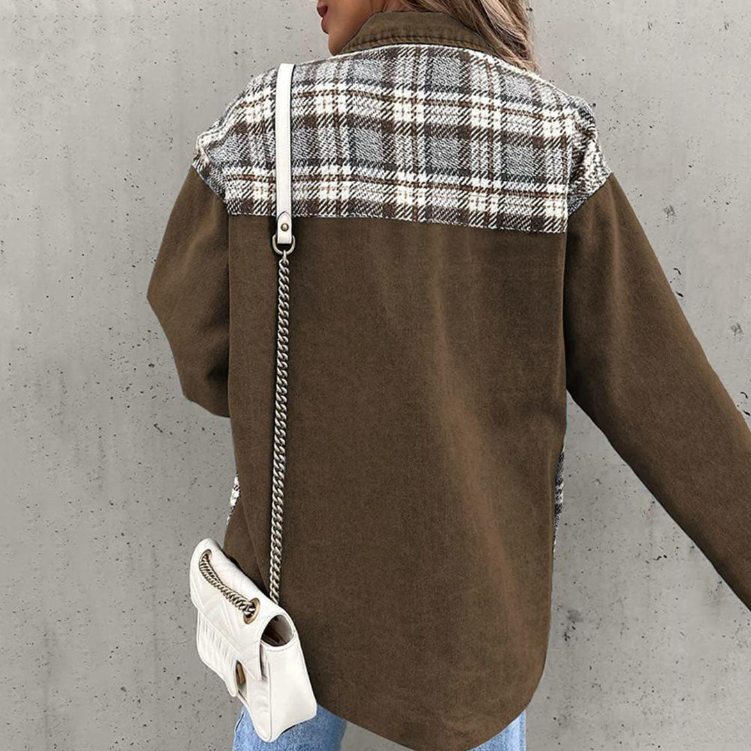 Stylish checked jacket with classic collar for women 