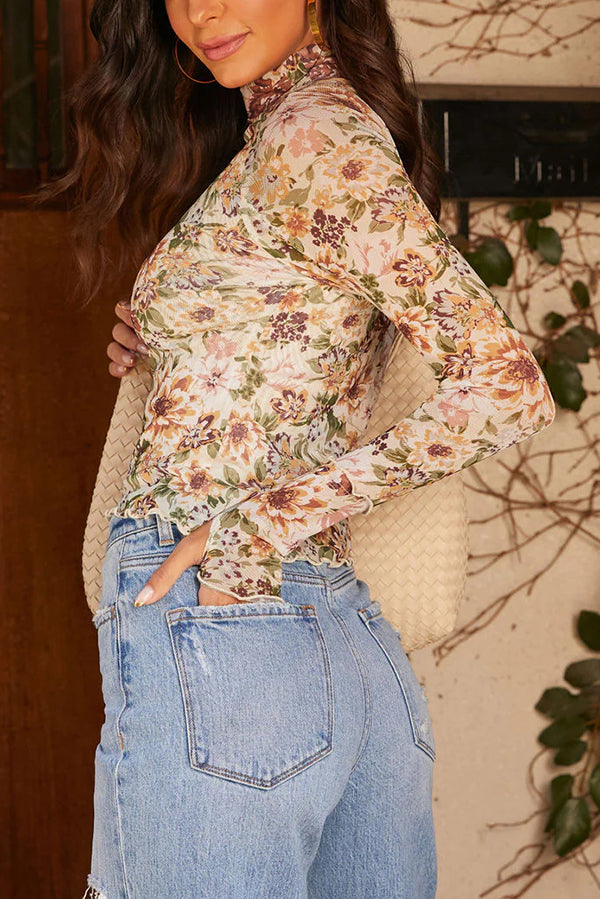 Floral printed slim fit long-sleeved casual top 