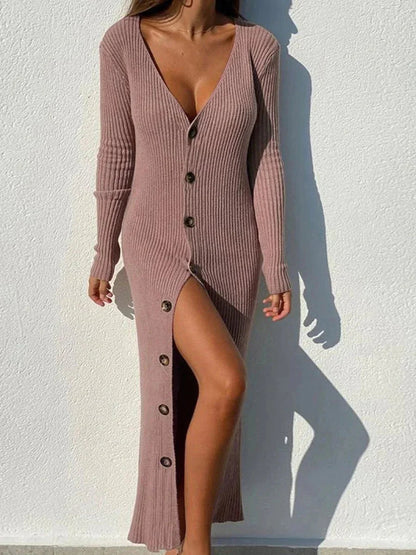 Cozy long knitted dress with a deep, buttoned neckline 