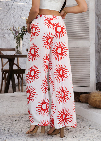 Women's loose-fitting, high-waisted, wide-leg sunflower print trousers 