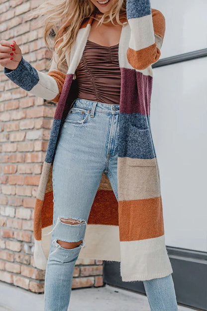 Janice™ - Knitted open front color block cardigan