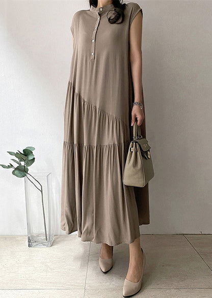 Women's long dress in khaki-colored cotton fabric with button pocket 